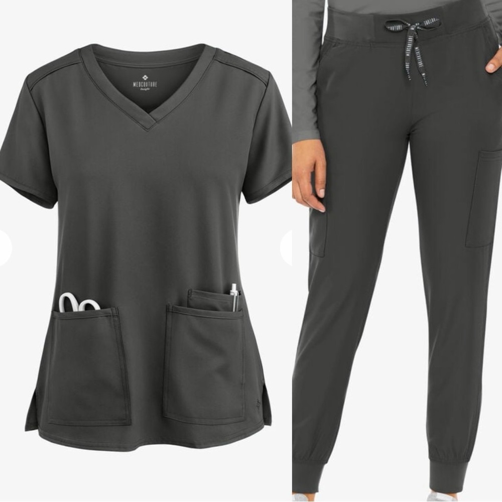 med couture insight / pewter grey scrub top and cargo scrub pants joggers